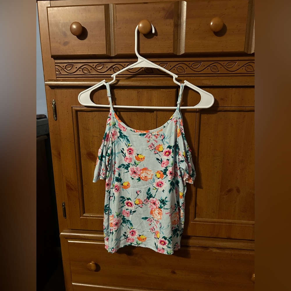 Light blue, spaghetti strap, off the shoulder top with floral designs